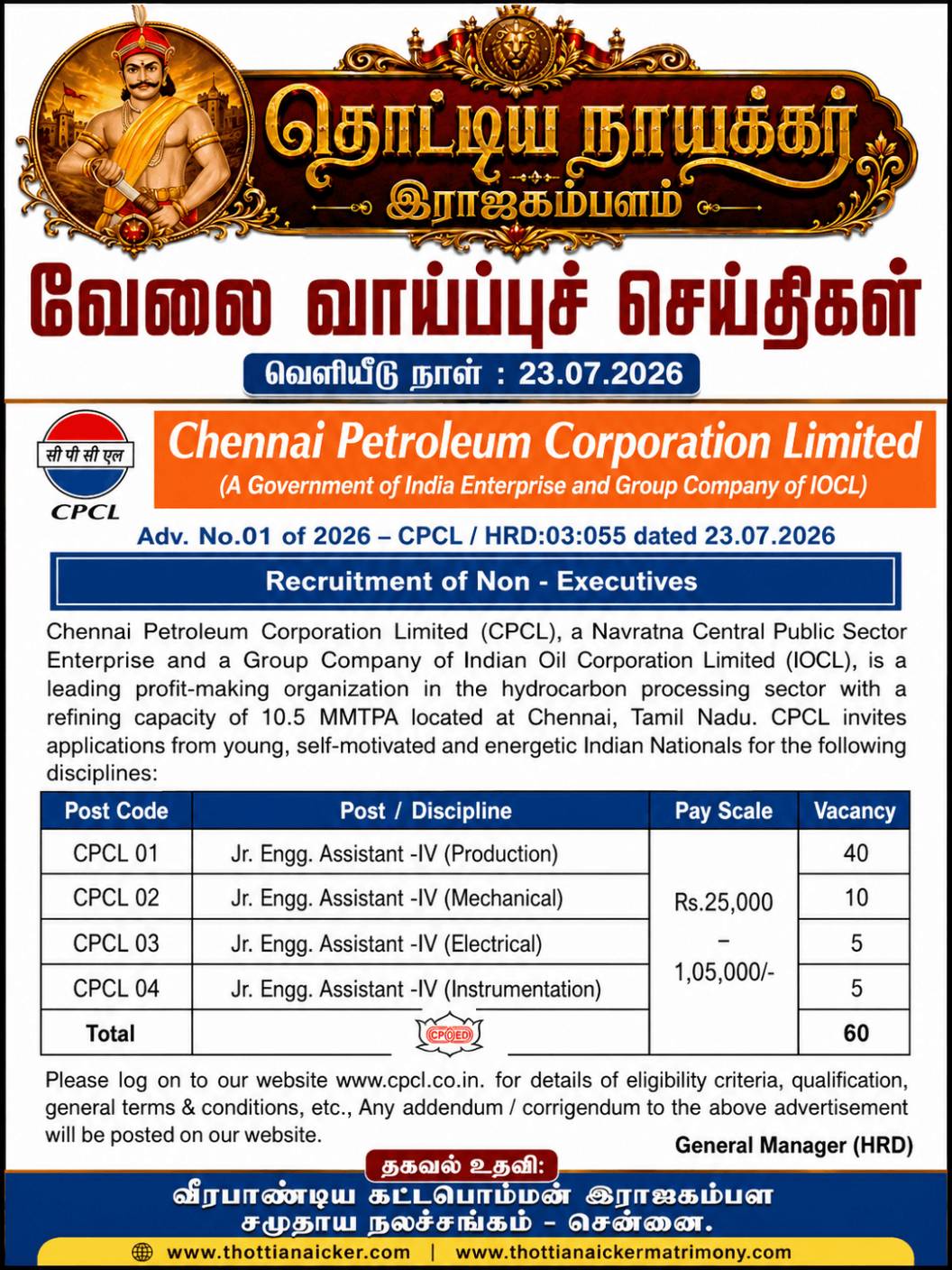 சென்னை பெட்ரோலியம் கார்ப்பரேசன் லிமிடெட்டில் உற்பத்தி, மெக்கானிக்கல், எலக்ட்ரிக்கல் மற்றும் இன்ஸ்ட்ருமென்டேஷன் துறைகளில் 60 ஜூனியர் என்ஜினியர் உதவியாளர் பணியிடங்கள்!