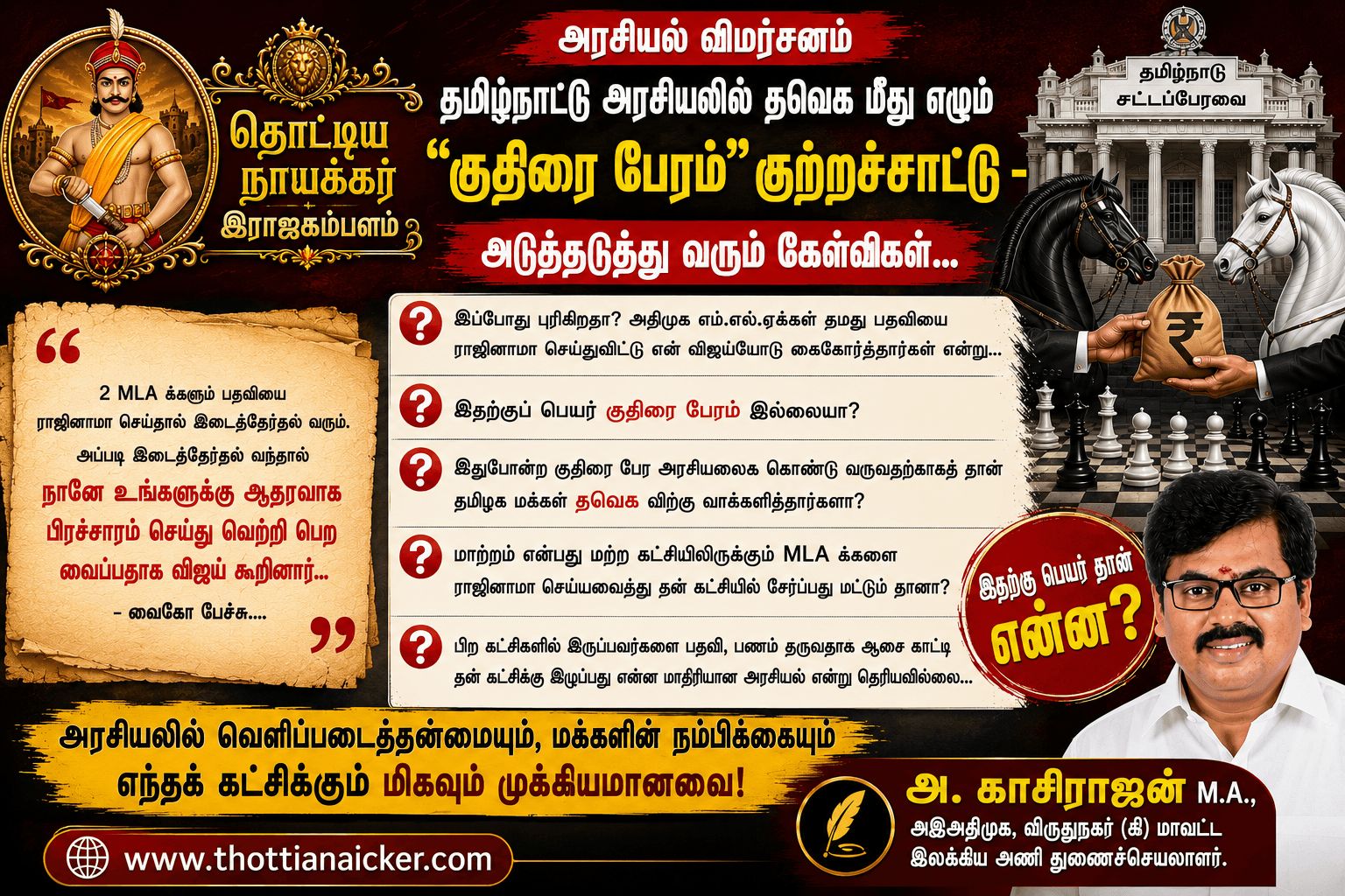 ஆளும்கட்சியான தவெக மீது எழும் குதிரை பேரம் குற்றச்சாட்டு - காசிராஜன் கடும் விமர்சனம்.